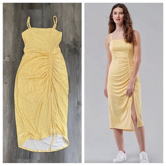 Hollister Midi Dress Cinched Yellow White Floral Adjustable Small Stretch - Picture 1 of 12